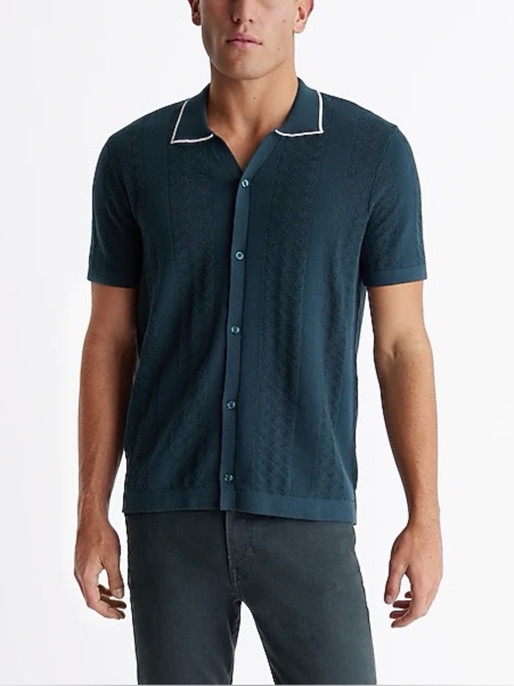 Express Men’s textured stripe cotton short sleeve sweater polo teal Medium